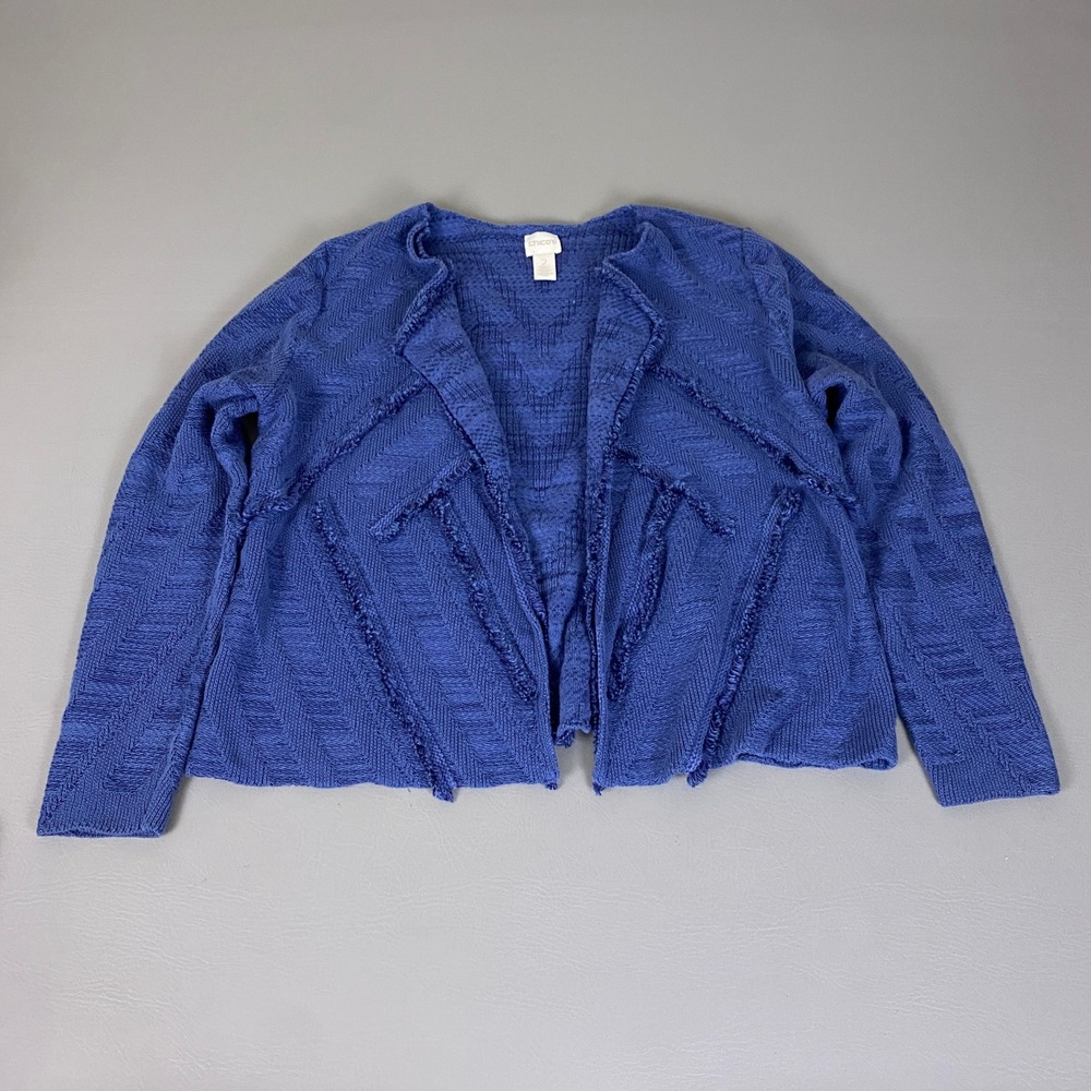 Chico's Cardigan Sweater Women's Size 2 Large Blue Textured Chevron Fringe Open